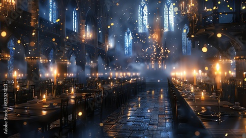 a magical wizard's school with starry sky, big hall full of tables and chairs, floating lights and candles, realistic, cinematic, bokeh effect