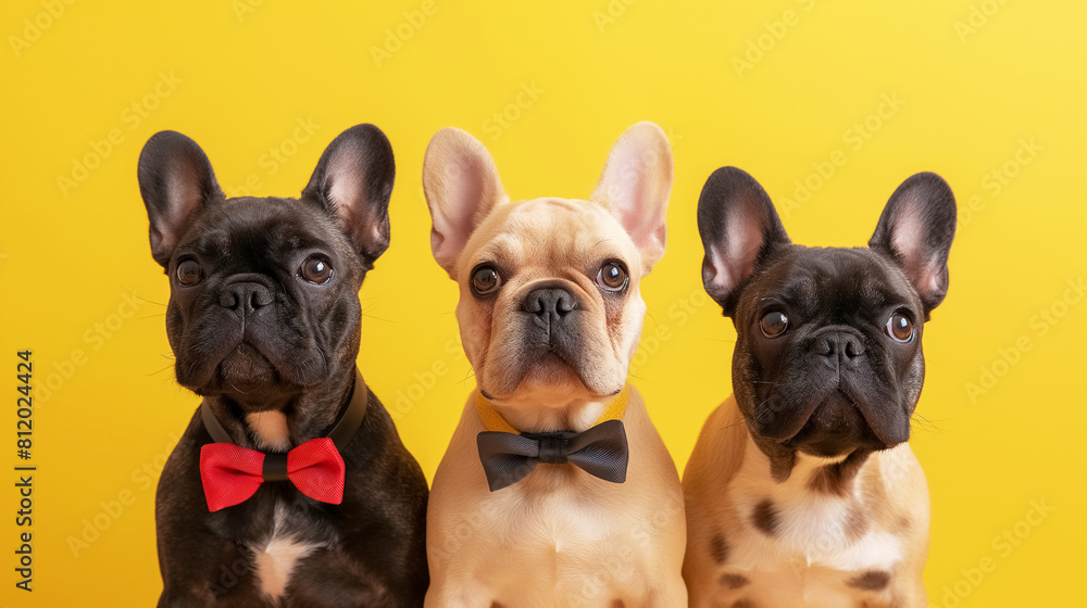 Portrait of cute three French bulldogs wearing event tie bows posing in front of yellow background in studio.