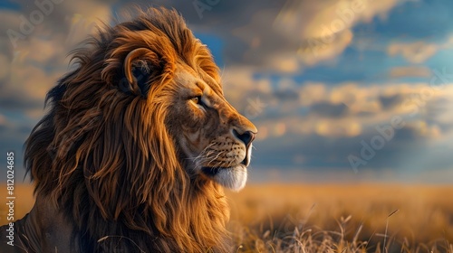 Regal Lion Gazing Over Sweeping Savanna Landscape in Evocative Impressionistic Wildlife Art Style
