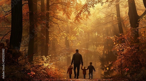 Family enjoying a leisurely stroll through an autumn forest © chanidapa