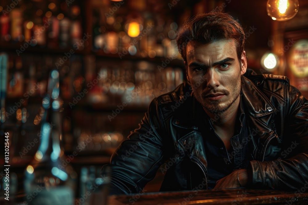 A man in a leather jacket sitting at a bar, suitable for lifestyle and nightlife concepts A man in a leather jacket sitting at a bar, suitable for lifestyle and nightlife concepts