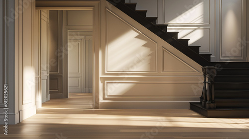Side shadow play on a luxurious entrance featuring a matte black staircase where morning light creates dramatic shadows across the light hardwood floors and up the high ceiling Shadow artistry