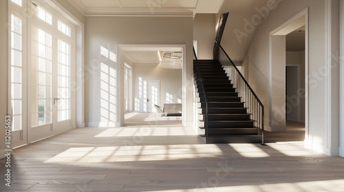 Side shadow play on a luxurious entrance featuring a matte black staircase where morning light creates dramatic shadows across the light hardwood floors and up the high ceiling Shadow artistry