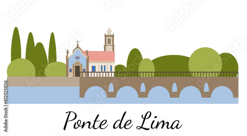 Set of symbols and sights of the Portuguese city Ponte de lima. Flat-style illustration for souvenirs and tourist products. Northern cities of Portugal.