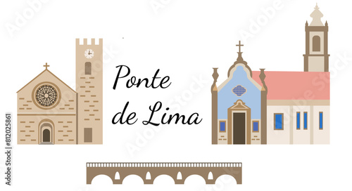 Set of symbols and sights of the Portuguese city Ponte de lima. Flat-style illustration for souvenirs and tourist products. Northern cities of Portugal.