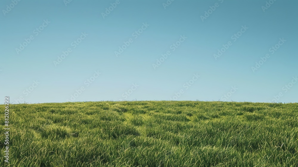 Grassy field stretching into the horizon against a clear blue sky