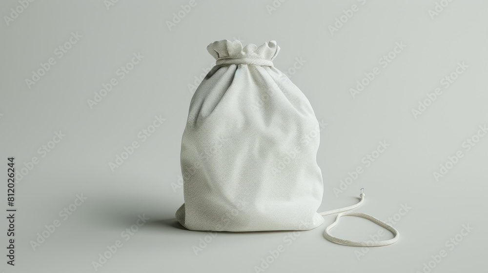 Simple yet elegant 3D illustration of a closed white fabric bag with a textured surface on a light gray background. Simple yet elegant 3D illustration of a closed white fabric bag with a textured surface on a light gray background.