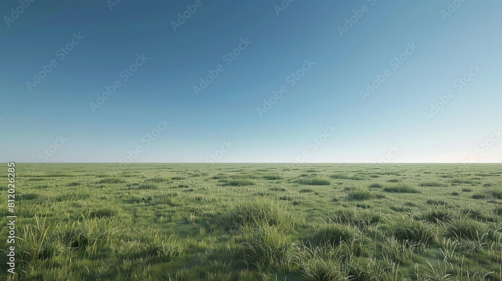 Obraz premium Grassy field stretching into the horizon against a clear blue sky