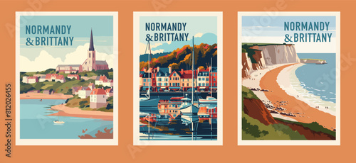 Travel retro posters Normandy and Brittany. Vector illustration for social, banner or card.