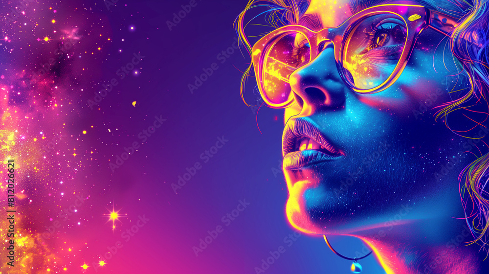 A woman with glasses is staring at the camera in a colorful background A woman with glasses is staring at the camera in a colorful background