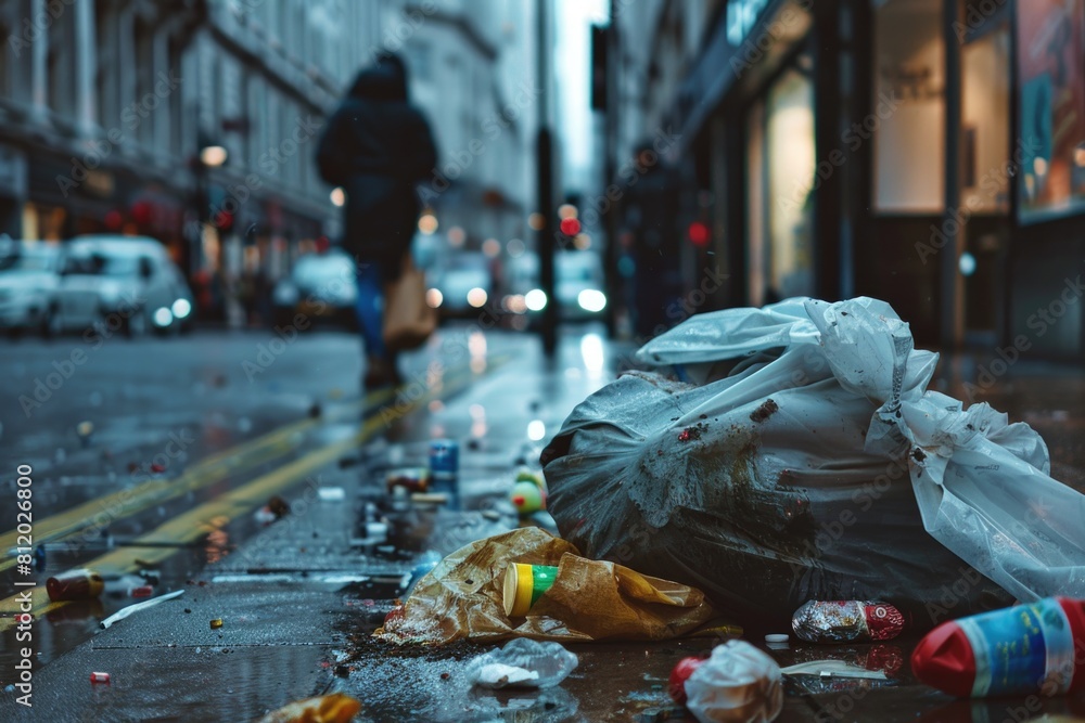 Obraz premium A trash bag left on the side of a street. Suitable for environmental concepts