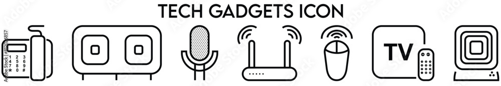 Tech Gadgets icons in line style. Phone, startup, tv, hard phonr, projector, collection. Vector illustration. Tech Gadgets icons in line style. Phone, startup, tv, hard phonr, projector, collection. Vector illustration.
