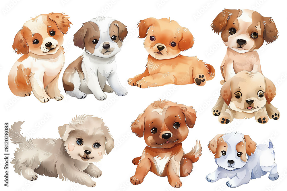 set of puppies on white transparent background set of puppies on white transparent background