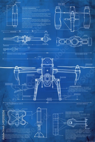 A blueprint illustration of a combat drone, its components overlaid with philosophical text on warfare