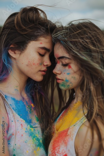 Two young women standing covered in paint. Suitable for art and creativity concepts