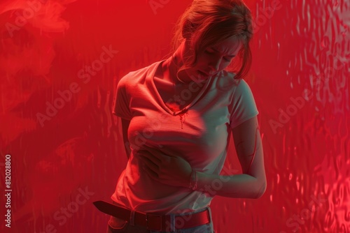 A woman standing in front of a red wall holding a knife. Suitable for crime or mystery themed projects
