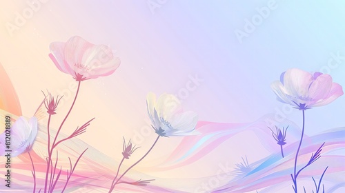 Obraz przedstawia bukiet kolorowych kwiatów na tle w delikatnych, pastelowych odcieniach. Kwiaty są starannie namalowane, a tło nadaje im subtelny, harmonijny charakter