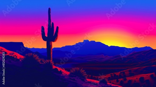 A lone cactus silhouetted against a pop art desert sunset  bold colors  graphic shapes