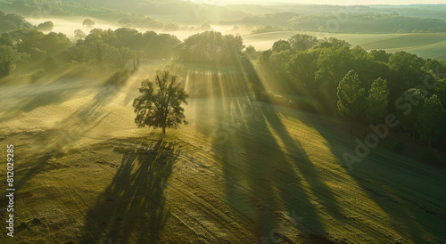 An aerial view of an open field with trees and mist  captured in the golden hour light  showcasing the vastness of nature s beauty.