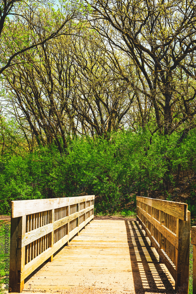 Great Bear Ski Valley with wooden footbridge in the green forest in Sioux Falls, South Dakota, USA Great Bear Ski Valley with wooden footbridge in the green forest in Sioux Falls, South Dakota, USA