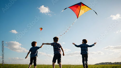  Kids Flying colorful kite running in the  fields. Happy childhood moments or outdoor time spending concept image.
