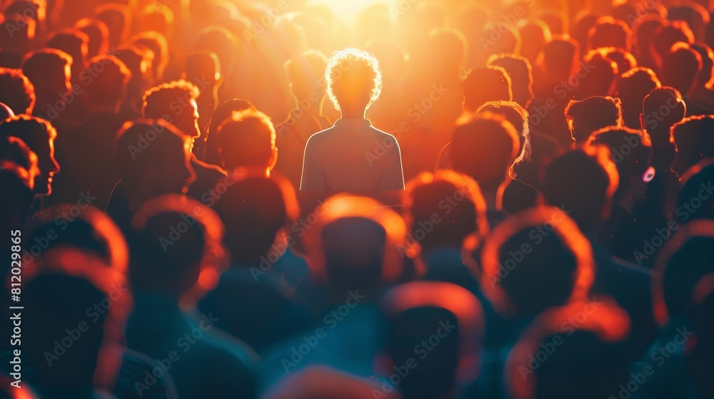 Obraz premium Conceptual photo of a crowd with one individual highlighted by a distinct, bright aura, standing out among the rest