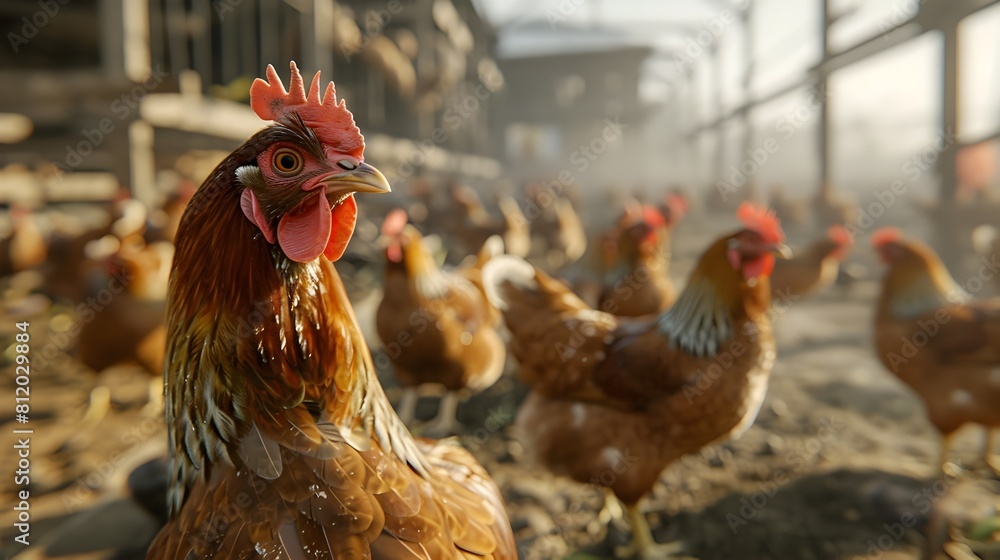 Chickens in Industrial Poultry Farm Setting with Agricultural Elements