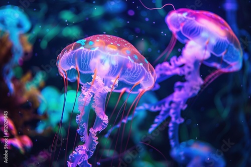 Beautiful glowing jellyfish in the dark ocean, neon colors, green and purple coral reef background. © Viktor