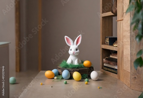A rabbit is sitting on a basket of eggs