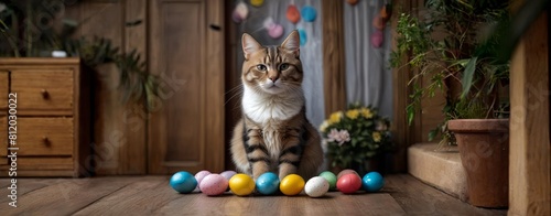 A cat is sitting in front of a bunch of Easter eggs