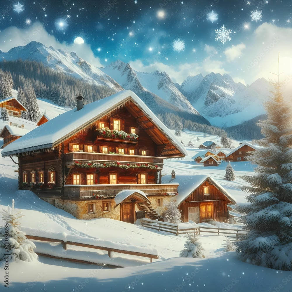 Snowy, mountain village, nestled near cozy cabin, holiday card