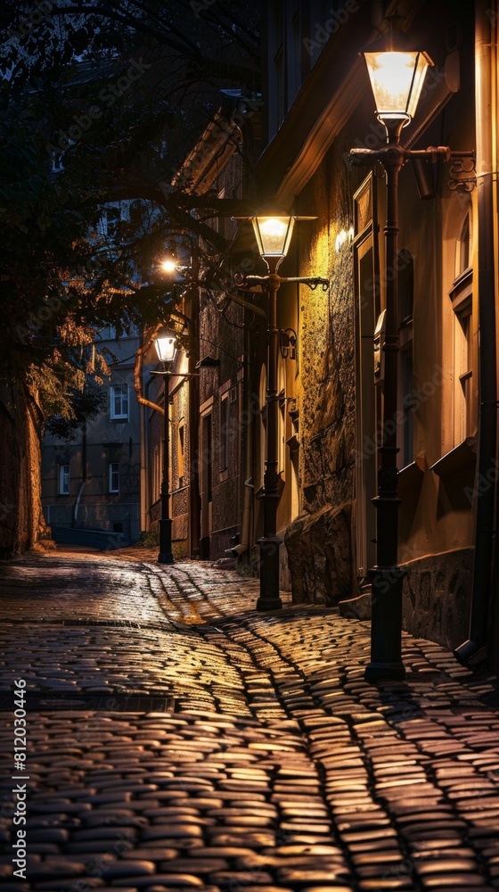 Fototapeta premium A quiet side street illuminated by vintage street lamps, cobblestones gleaming, panoramic view