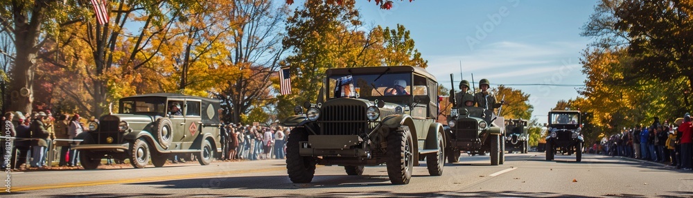 Veterans Day parade with antique military vehicles and marching bands