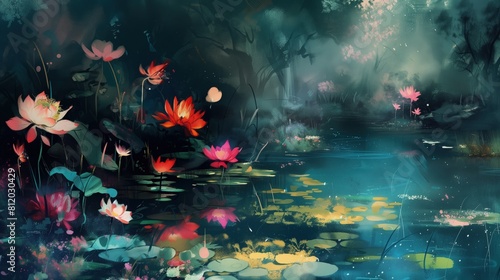 Na obrazie przedstawione są lilia wodne rosnące na powierzchni spokojnego stawu. Kwiaty są otoczone przez różnorodne kolorowe kwiaty