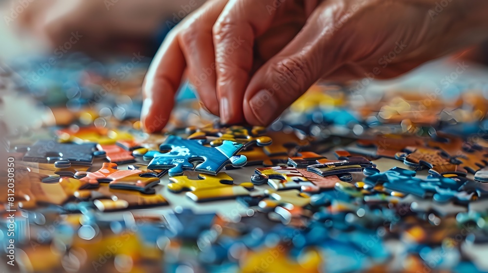 Hands Carefully Assembling Vibrant Jigsaw Puzzle,Symbolizing Meticulous Business Strategy and Hands Carefully Assembling Vibrant Jigsaw Puzzle,Symbolizing Meticulous Business Strategy and
