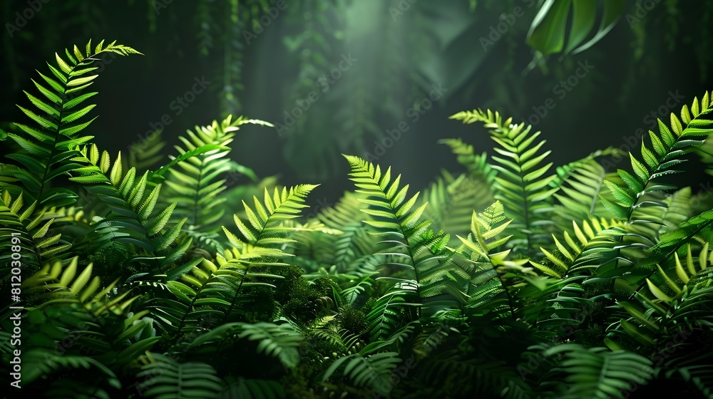 Lush Green Fern Fronds Levitating in Moody Atmospheric Lighting with Intricate Leaf Details Lush Green Fern Fronds Levitating in Moody Atmospheric Lighting with Intricate Leaf Details