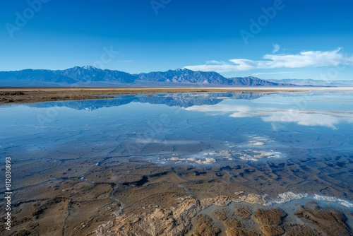 A vast  cracked salt flat reflecting the endless blue sky  distant mountains shimmering in a mirage