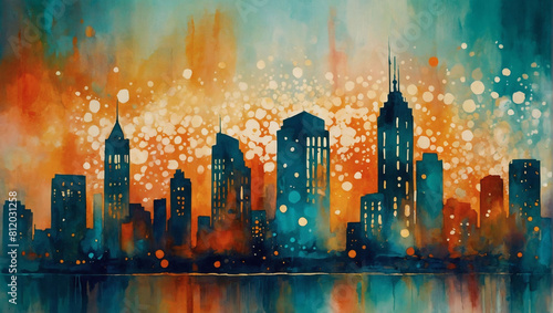 Vivid Urban Fusion  Watercolor Painting of Abstract Cityscape in Orange and Teal