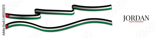 3d Rendered Long Jordan Flag Ribbons with shadows, isolated on white background. Curled and rendered in perspective. Horizontal 3D Jordanian Flag Streamers. Flag Graphic Resource. Editable Vector.