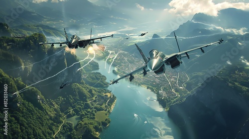 A breathtaking aerial dogfight between fighter jets over a picturesque landscape
