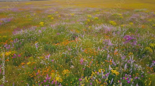 Aerial view of a vast field carpeted with colorful wildflowers, resembling a vibrant patchwork quilt