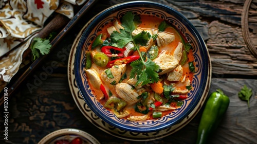 Spicy tom yum chicken soup in a decorative Thai serving bowl