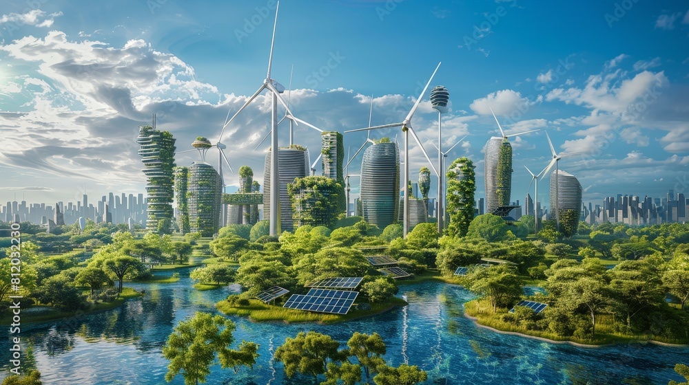 Green sustainable city powered by wind turbines and solar panels ...