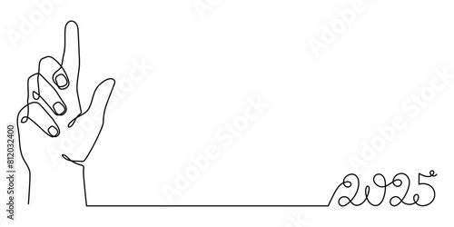 Hand with 2025 one line art, hand drawn continuous contour. Holiday concept, festive New year handwriting text, minimalist design. Editable stroke. Isolated. Vector illustration