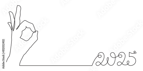 Hand with 2025 one line art, hand drawn continuous contour. Holiday concept, festive New year handwriting text, minimalist design. Editable stroke. Isolated. Vector illustration