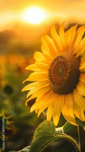 Close-up of a sunflower field at sunset, with the golden light bathing the flowers and casting long shadows