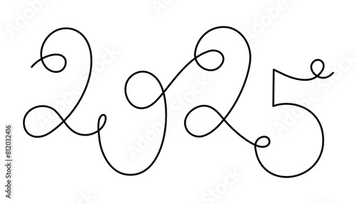 2025 one line art, hand drawn continuous contour.Holiday concept,festive lettering.New year handwriting text, linear style, minimalist design.Editable stroke.Isolated.Vector illustration