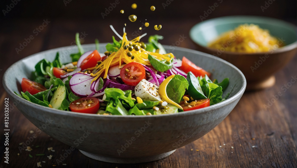 Wholesome Bowl, Vibrant Vegetable Salad with Flying Ingredients and Olive Oil Drizzle.