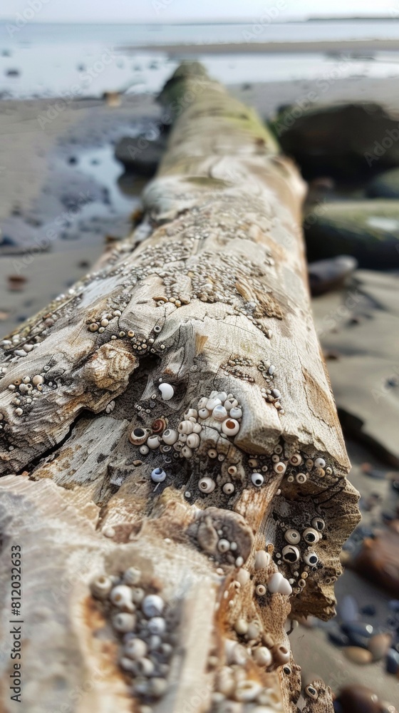 Fototapeta premium Close-up of textured driftwood washed ashore, with barnacles and weathered patterns telling a story of its journey