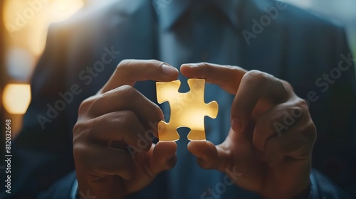 Businessman Fitting Piece of Jigsaw Puzzle Showcase Strategic Planning and Execution for Business